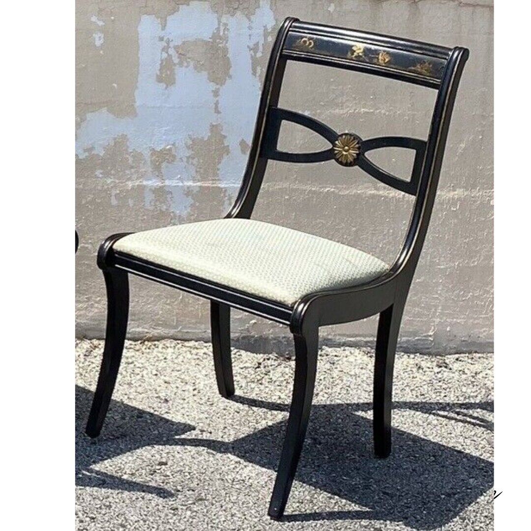 Vintage Chinoiserie Black Painted Asian Regency Style Dining Chairs - Set of 4