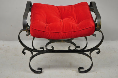 Vtg Gothic Italian Hollywood Regency Black Wrought Iron Curule Bench Seat Chair