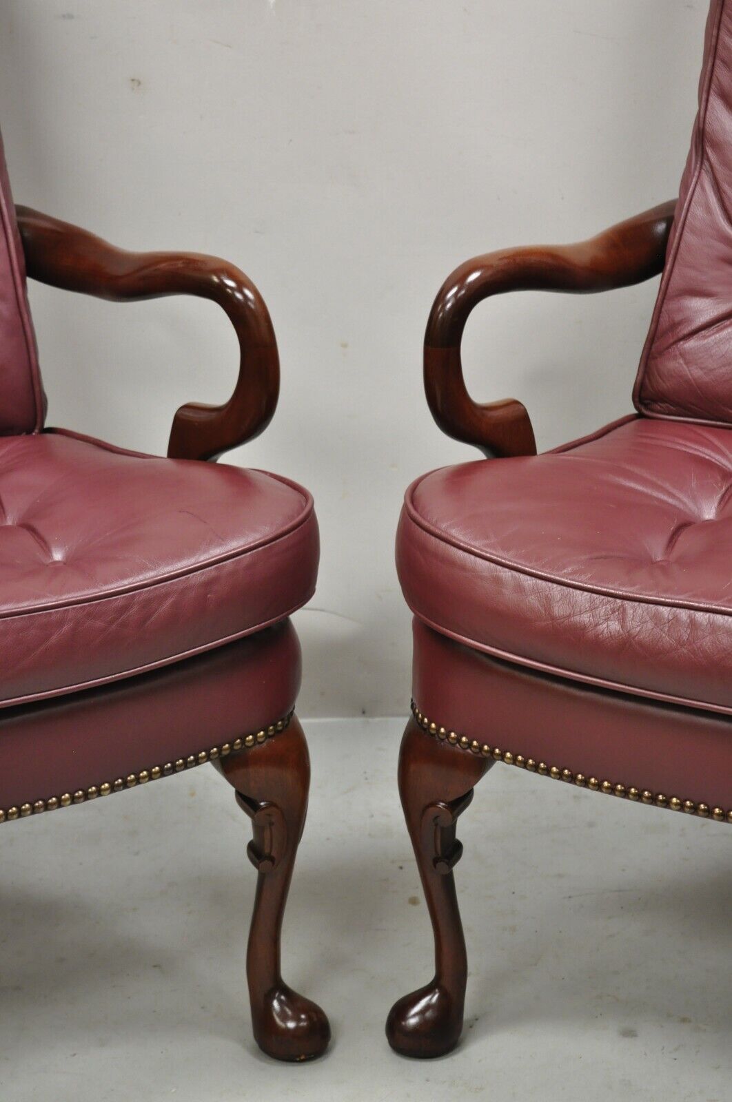 St Timothy Chair Co Burgundy Leather Queen Anne Library Office Arm Chairs - Pair