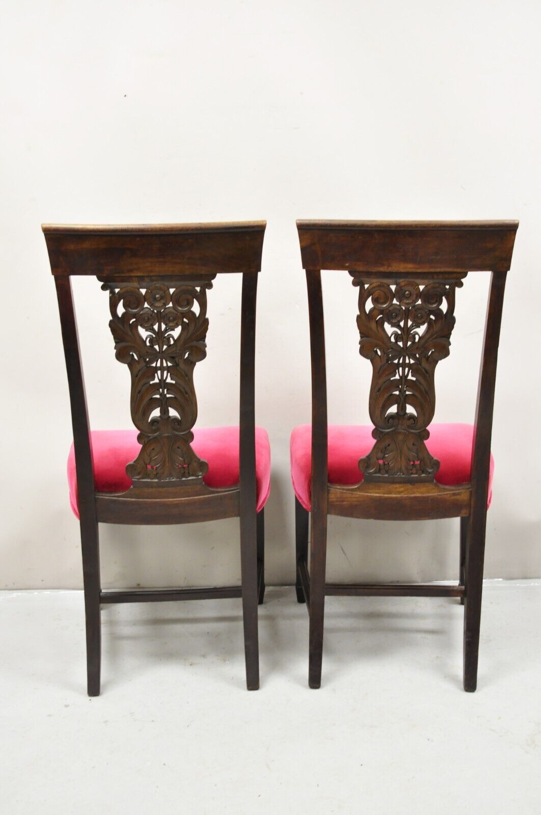 Antique Edwardian Floral Carved Mahogany Red Mohair Dining Chairs - Set of 4