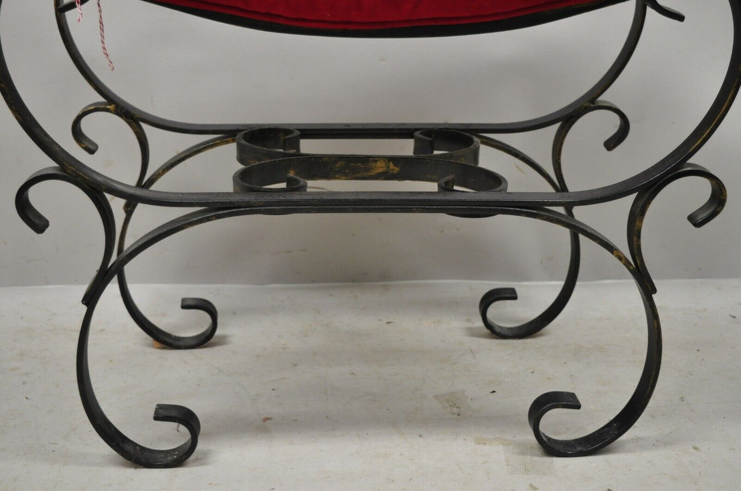 Vtg Gothic Italian Hollywood Regency Black Wrought Iron Curule Bench Seat Chair