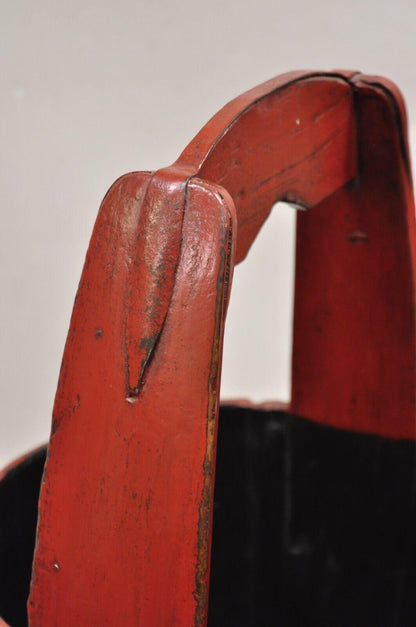 Vintage Rustic Primitive Chinese Wooden Red Painted Water Bucket with Handle