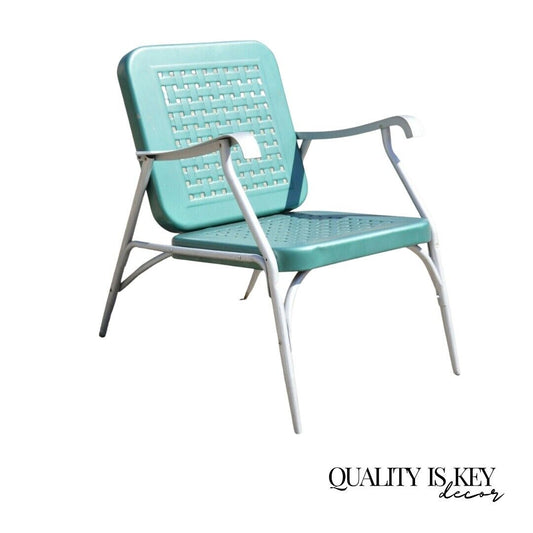 Vintage Green Metal Aluminum Basket Weave Patio Porch Outdoor Arm Chair