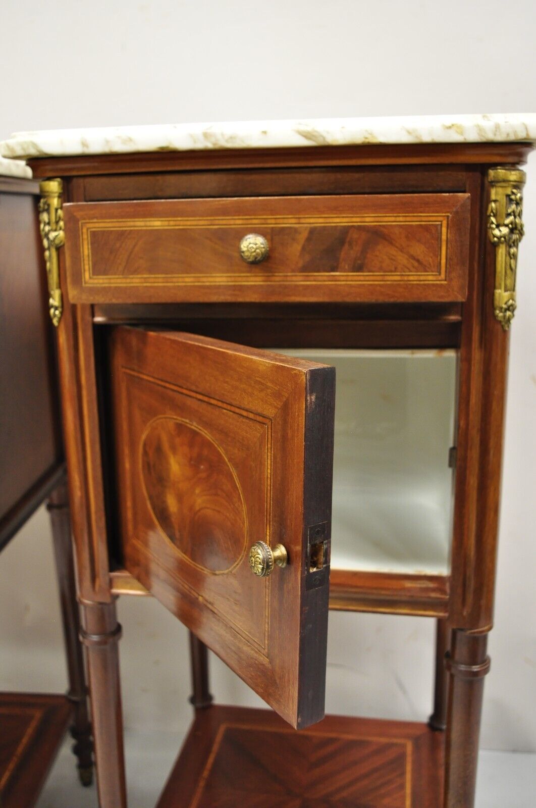 Antique French Louis XVI Marquetry Inlay Marble Top Nightstand Washstand - Pair