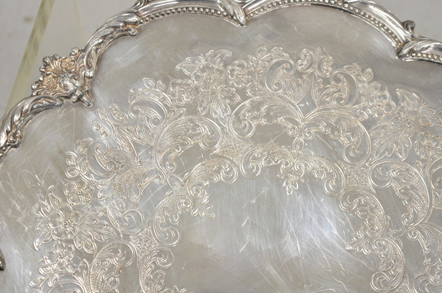 Vtg English Sheffield Victorian Silver Plated Round Footed Serving Platter Tray