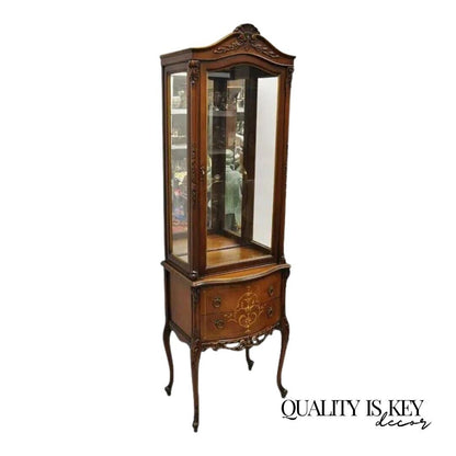 Vintage French Louis XV Style Narrow Walnut Glass Display Cabinet Curio