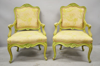 Italian Rococo Hollywood Regency Green Painted Fireside Lounge Arm Chairs - Pair