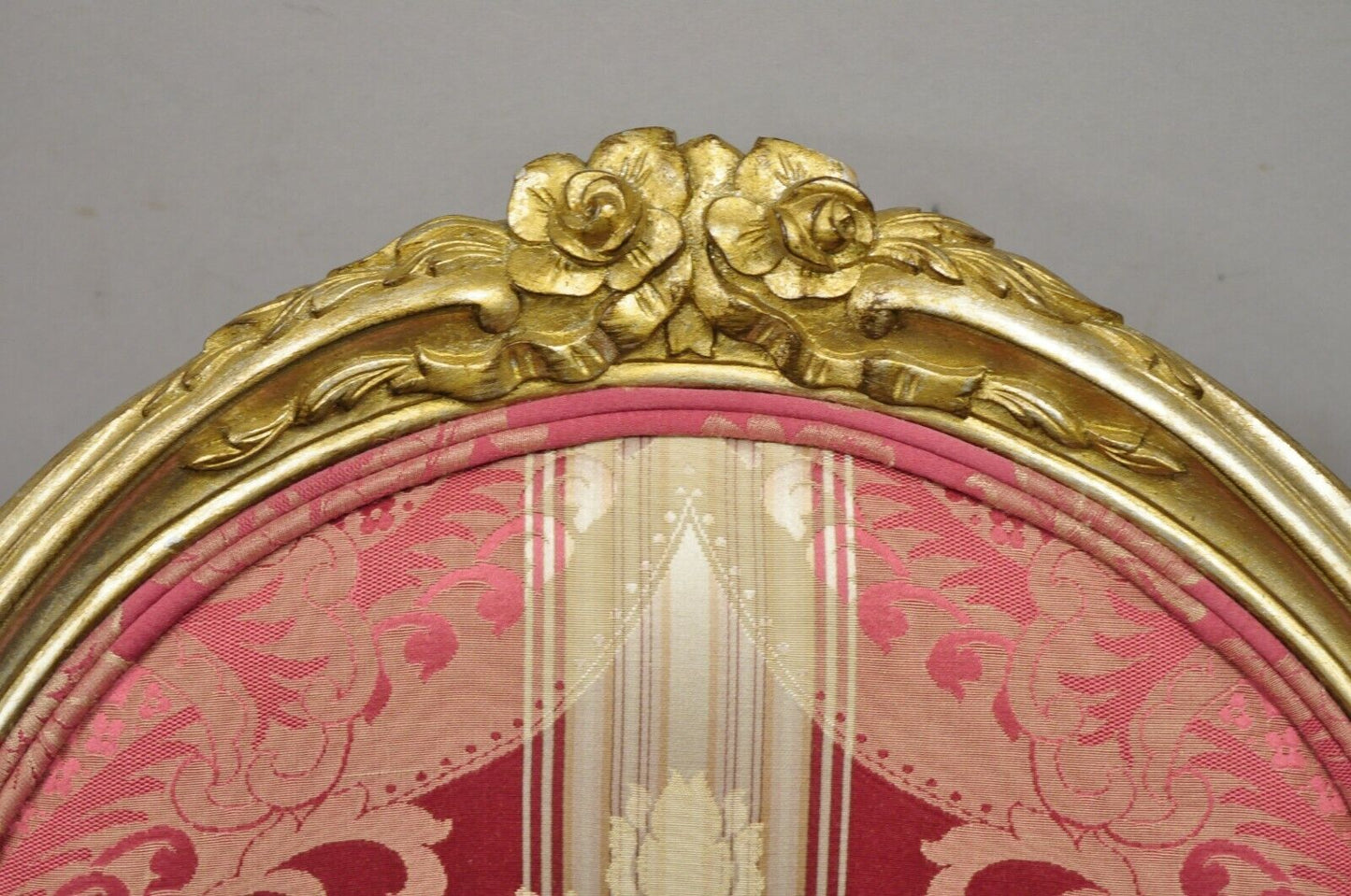 French Louis XVI Style Silver Gold Gilt Pink Damask Oval Back Arm Chairs - Pair