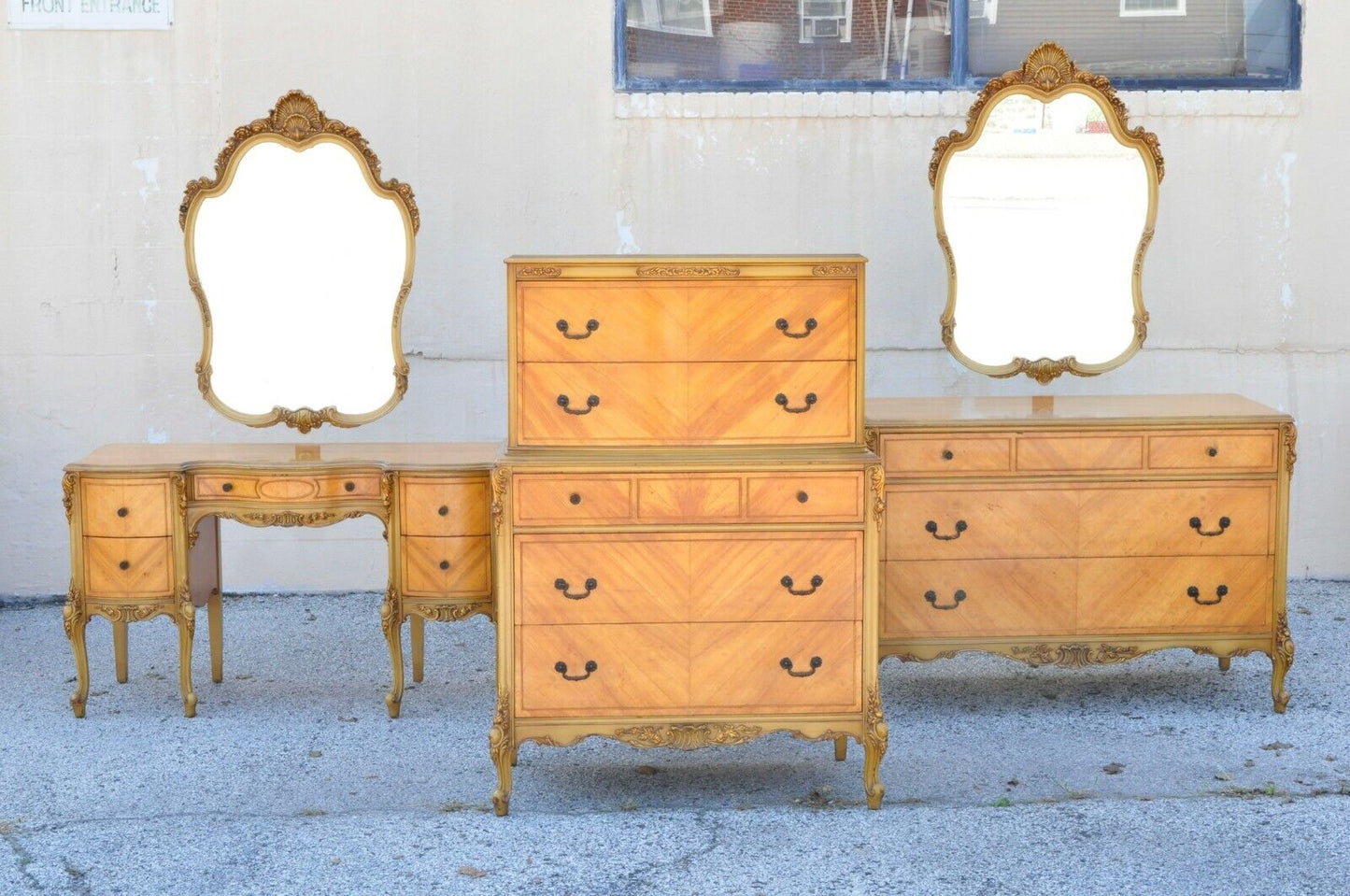 Antique French Louis XV Carved Satinwood 9 Pc Bedroom Set Dresser Vanity Mirror