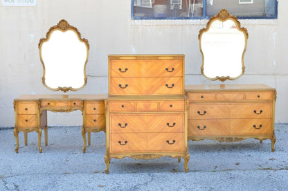 Antique French Louis XV Carved Satinwood 9 Pc Bedroom Set Dresser Vanity Mirror