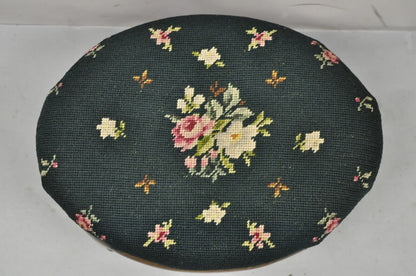 Antique French Victorian Green Floral Needlepoint Oval Mahogany Small Footstool