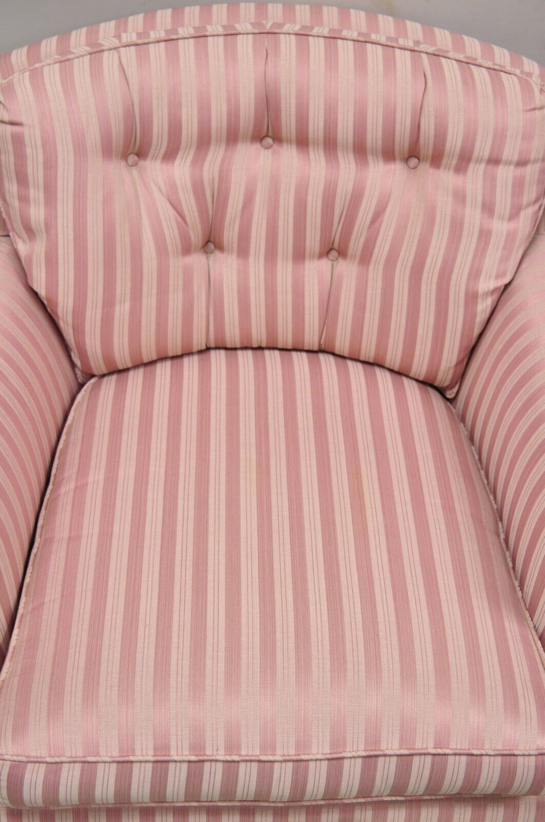 Pair Vintage Custom Pink Candy Stripe Upholstered Swivel Tilt Club Lounge Chairs