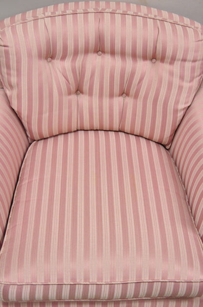 Pair Vintage Custom Pink Candy Stripe Upholstered Swivel Tilt Club Lounge Chairs