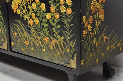 Vintage Chinoiserie Black Lacquer Hand Painted Floral Credenza Cabinet Sideboard