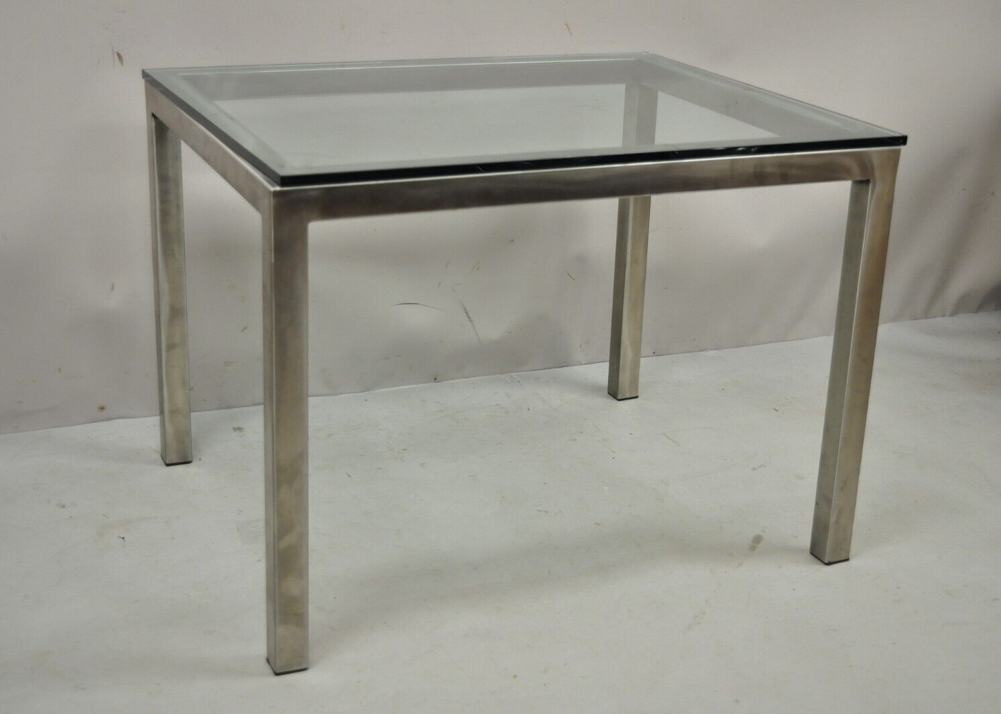 Mid Century Modern Brushed Metal Glass Top Baughman Style Side Table