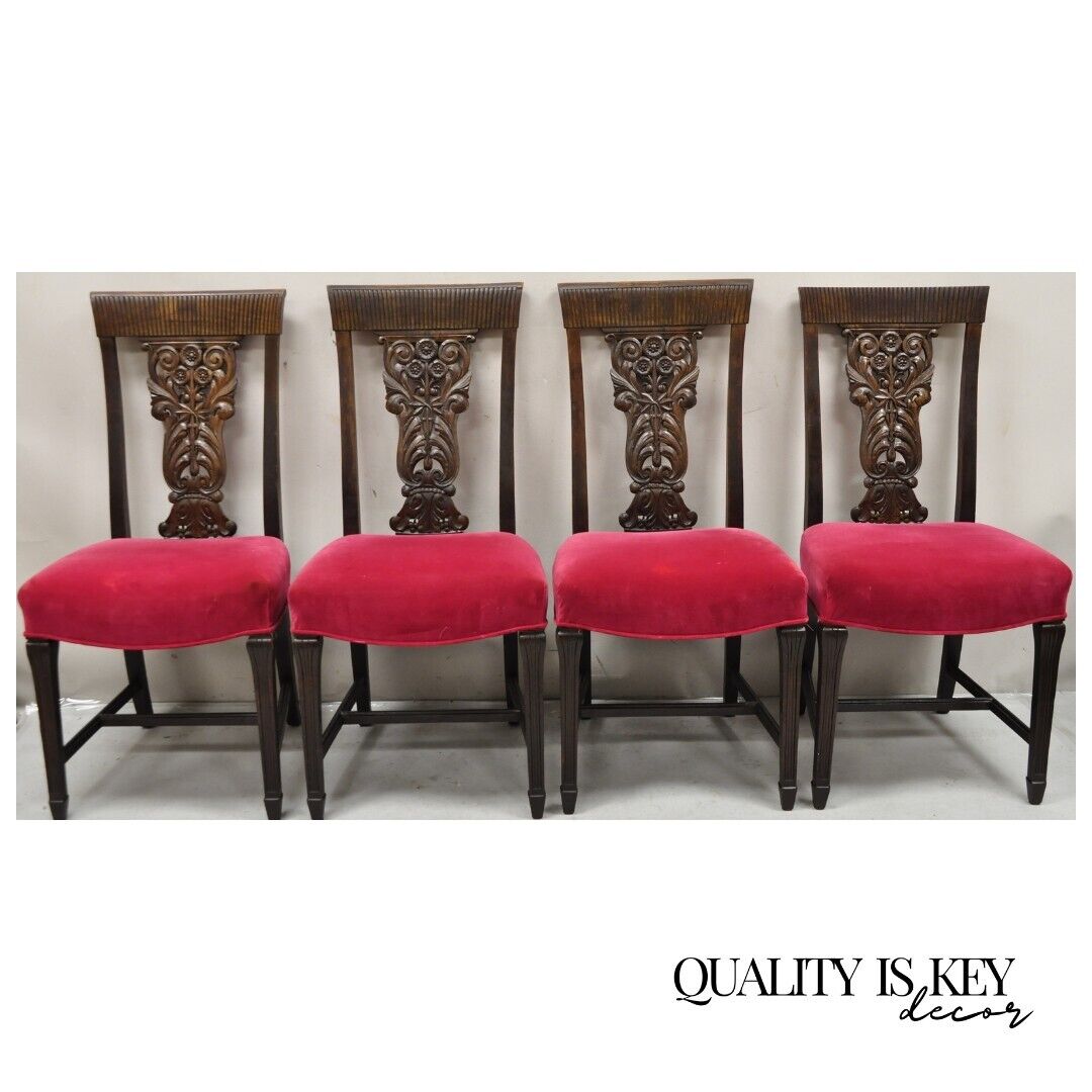 Antique Edwardian Floral Carved Mahogany Red Mohair Dining Chairs - Set of 4