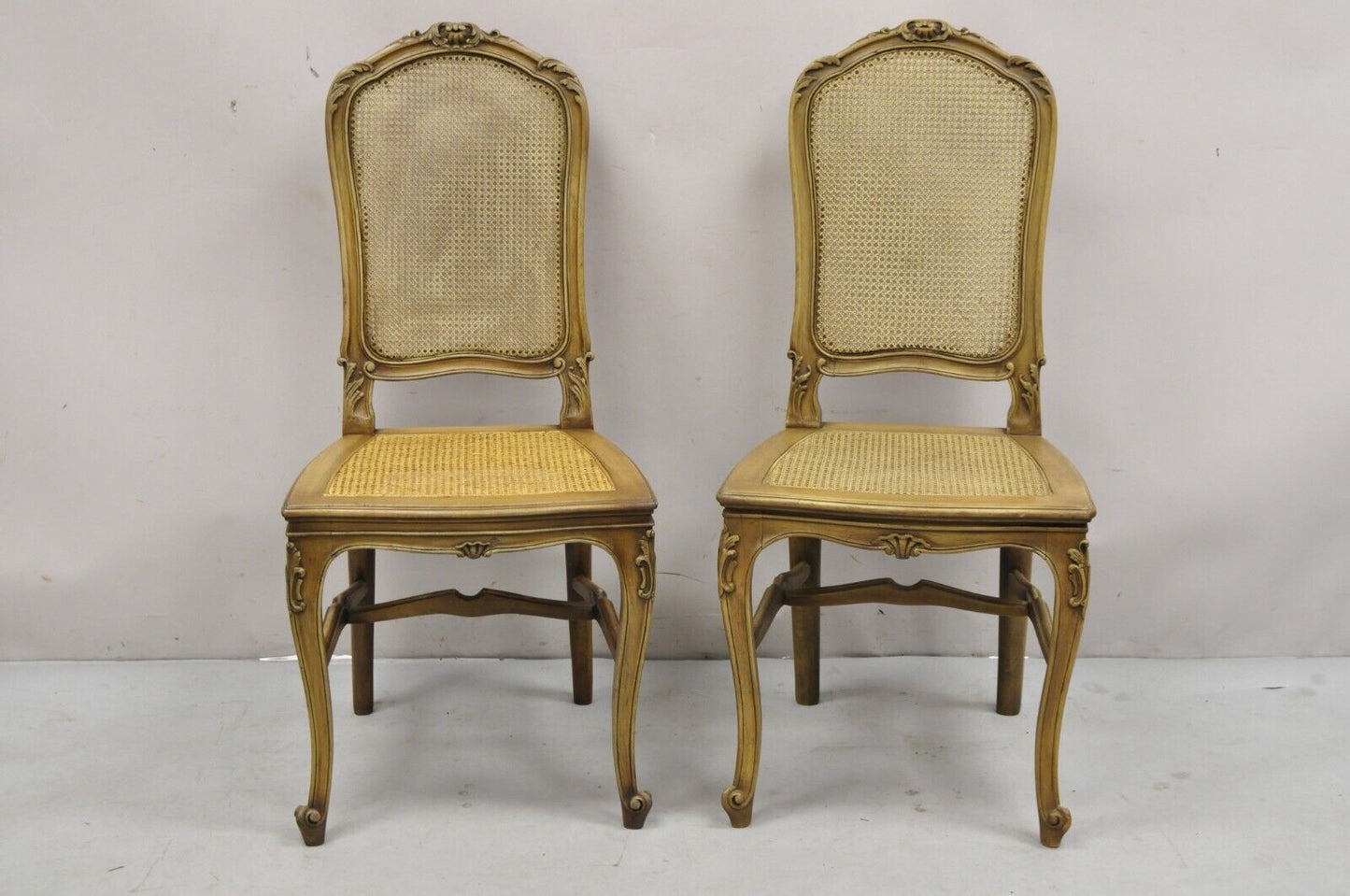 Antique French Provincial Louis XV Style Carved Walnut Cane Dining Chair - Pair