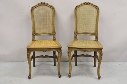 Antique French Provincial Louis XV Style Carved Walnut Cane Dining Chair - Pair