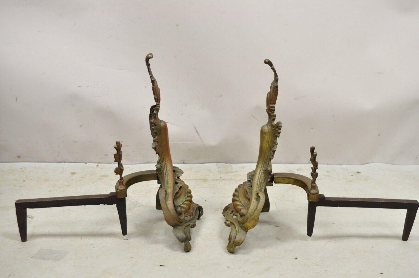 Antique French Rococo Baroque Style Brass Leafy Acanthus Andirons - a Pair