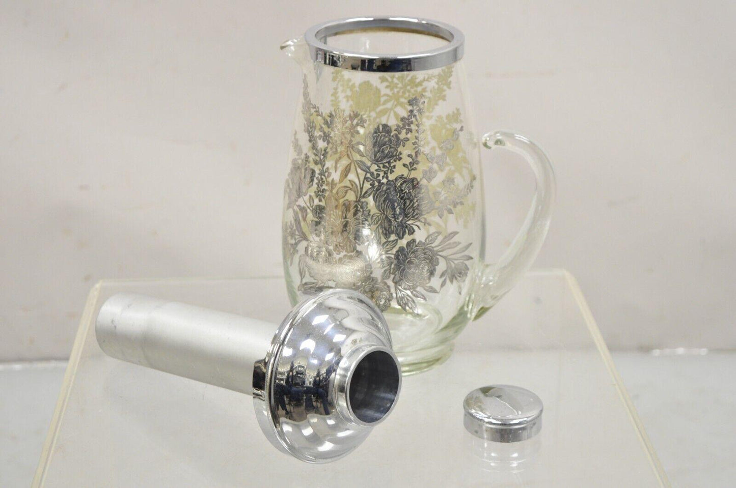 Cambridge Floral Sterling Silver Overlay Glass Lemonade Pitcher w/ Ice Caddy