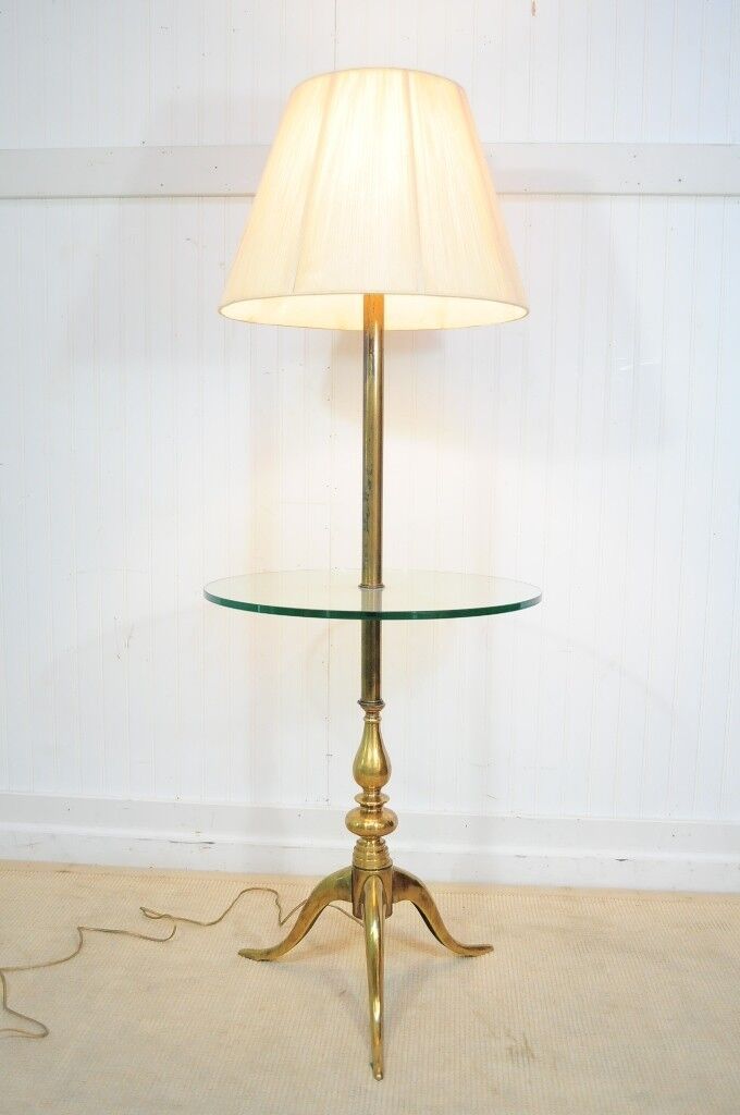 Vintage Solid Brass & Glass Queen Anne Traditional Occasional Floor Lamp Table