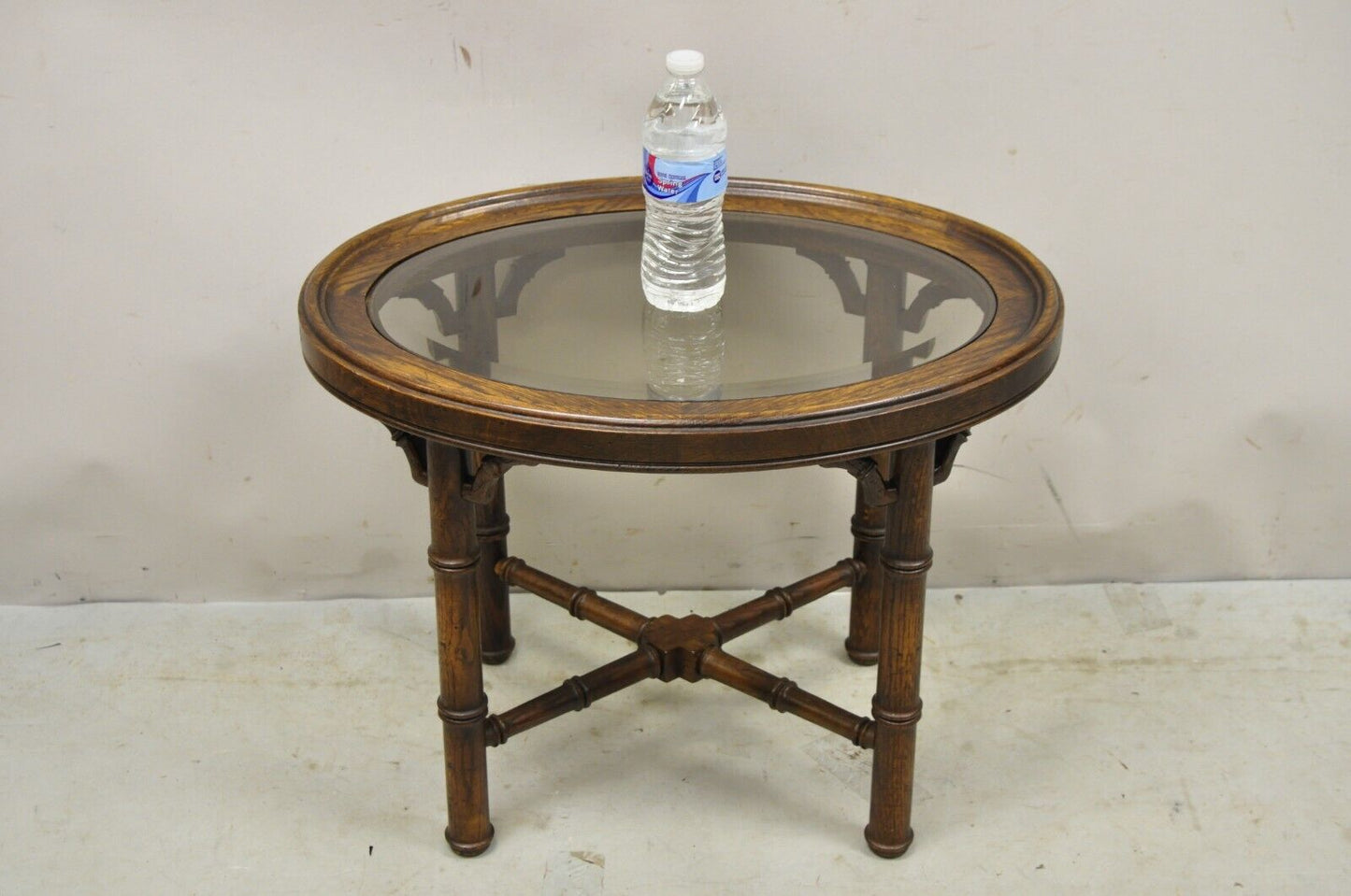 Vtg Faux Bamboo Chinese Chippendale Style Oval Small Glass Top Side Table - Pair