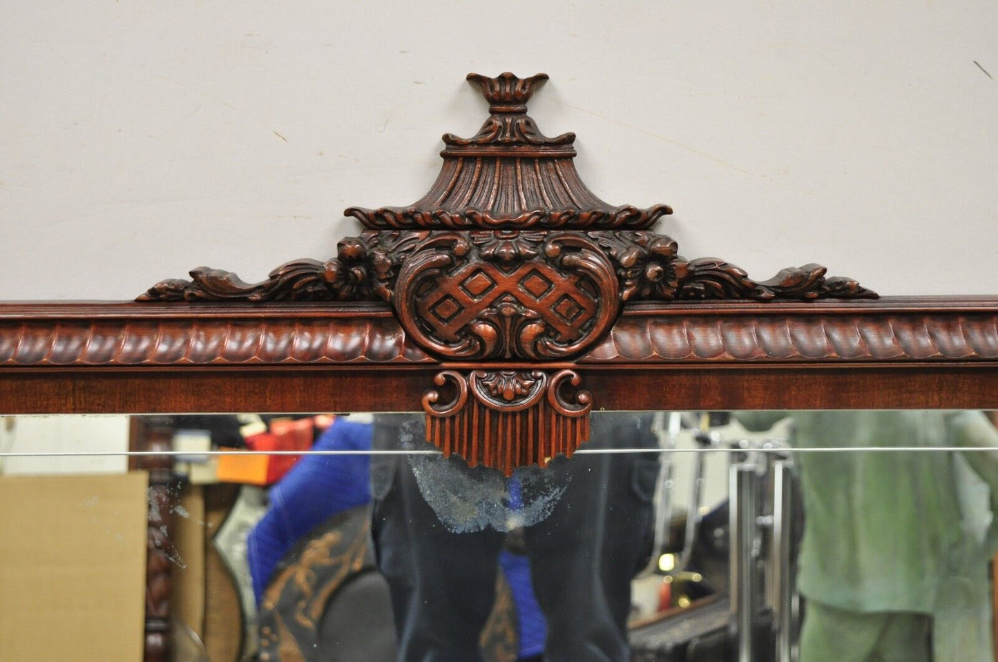 Vintage Chinese Chippendale Carved Mahogany Pagoda Large Wall Mirror