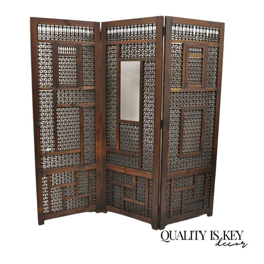 Vintage Middle Eastern 3 Panel Mashrabiya Lattice Folding Screen Room Divider