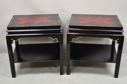 Vintage Chinoiserie Style Black Lacquered Red Leather Top End Tables - a Pair