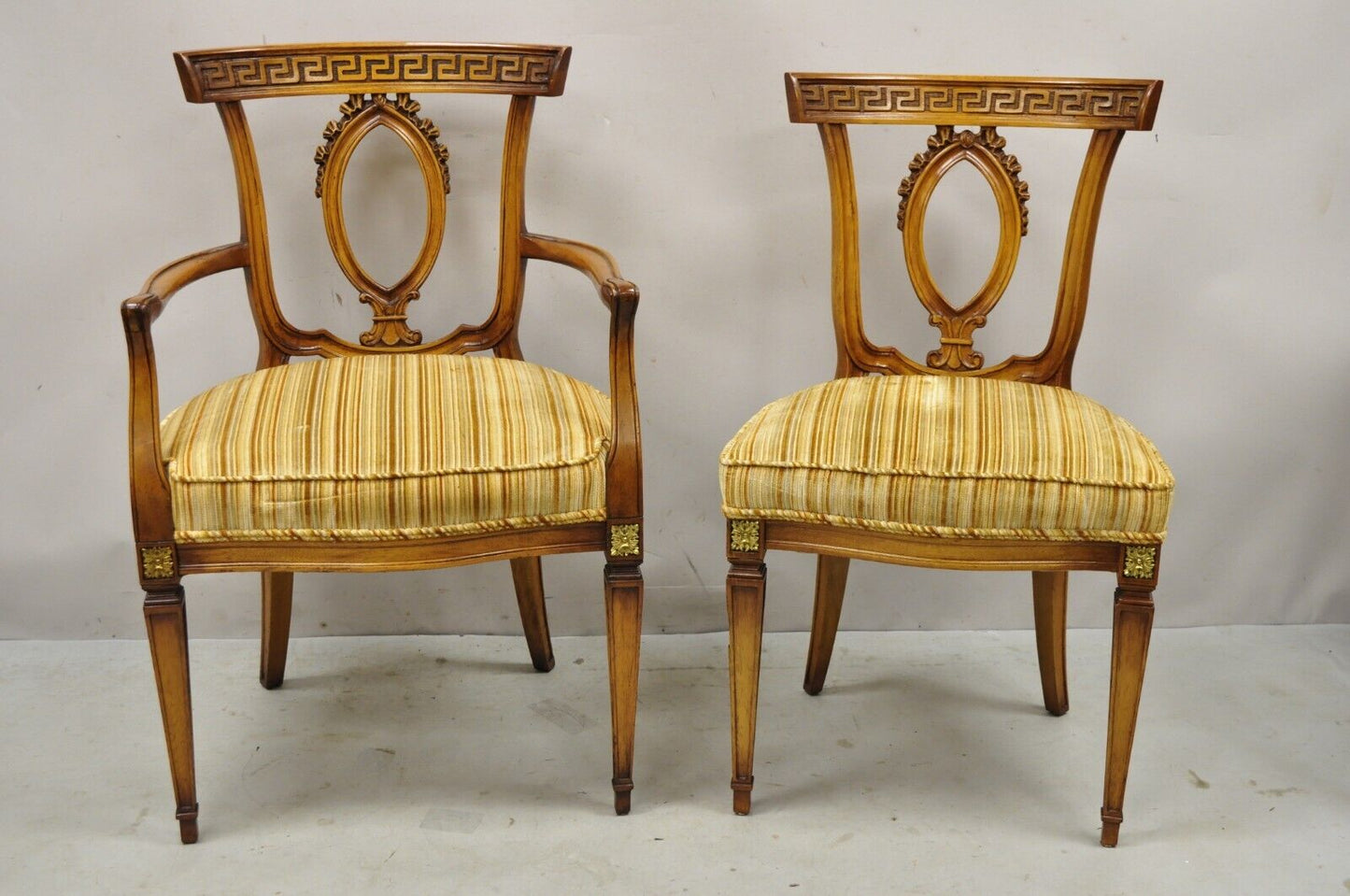 6 Vintage Italian Hollywood Regency Walnut Greek Key Neoclassical Dining Chairs