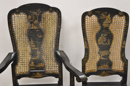 Antique Chinoiserie Queen Anne Hand Painted Floral Cane Dining Chairs - Set of 4