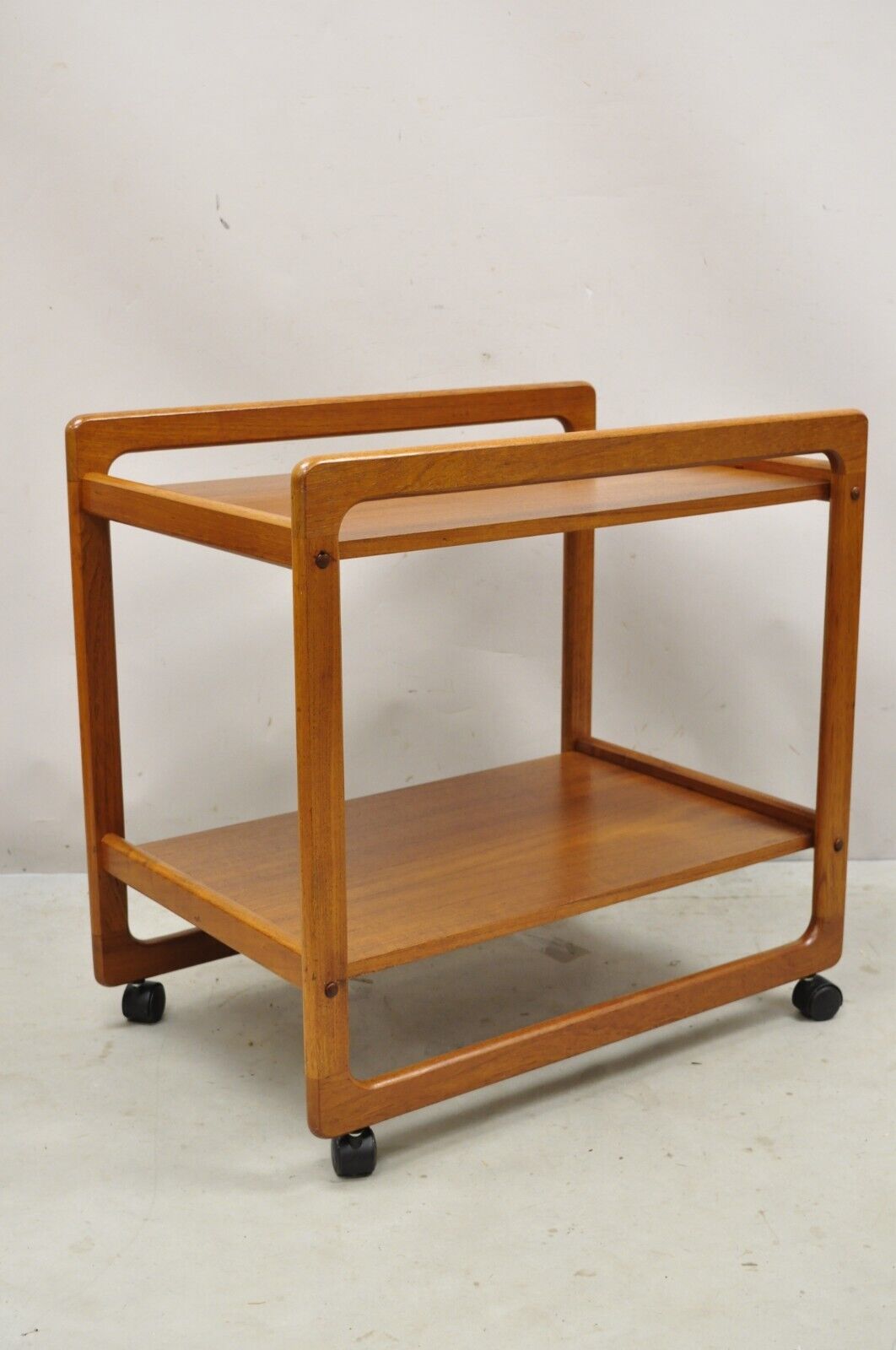 Vintage Mid Century Danish Modern Teak 2 Tier Rolling Bar Cart Server Table