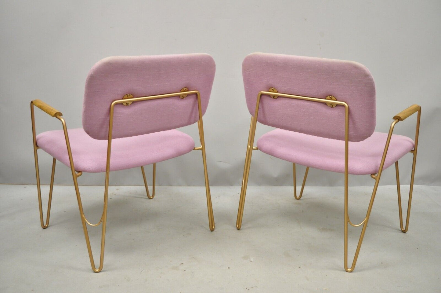 Pair of Contemporary Modern Purple Gold Metal Hairpin Leg Lounge Arm Chairs