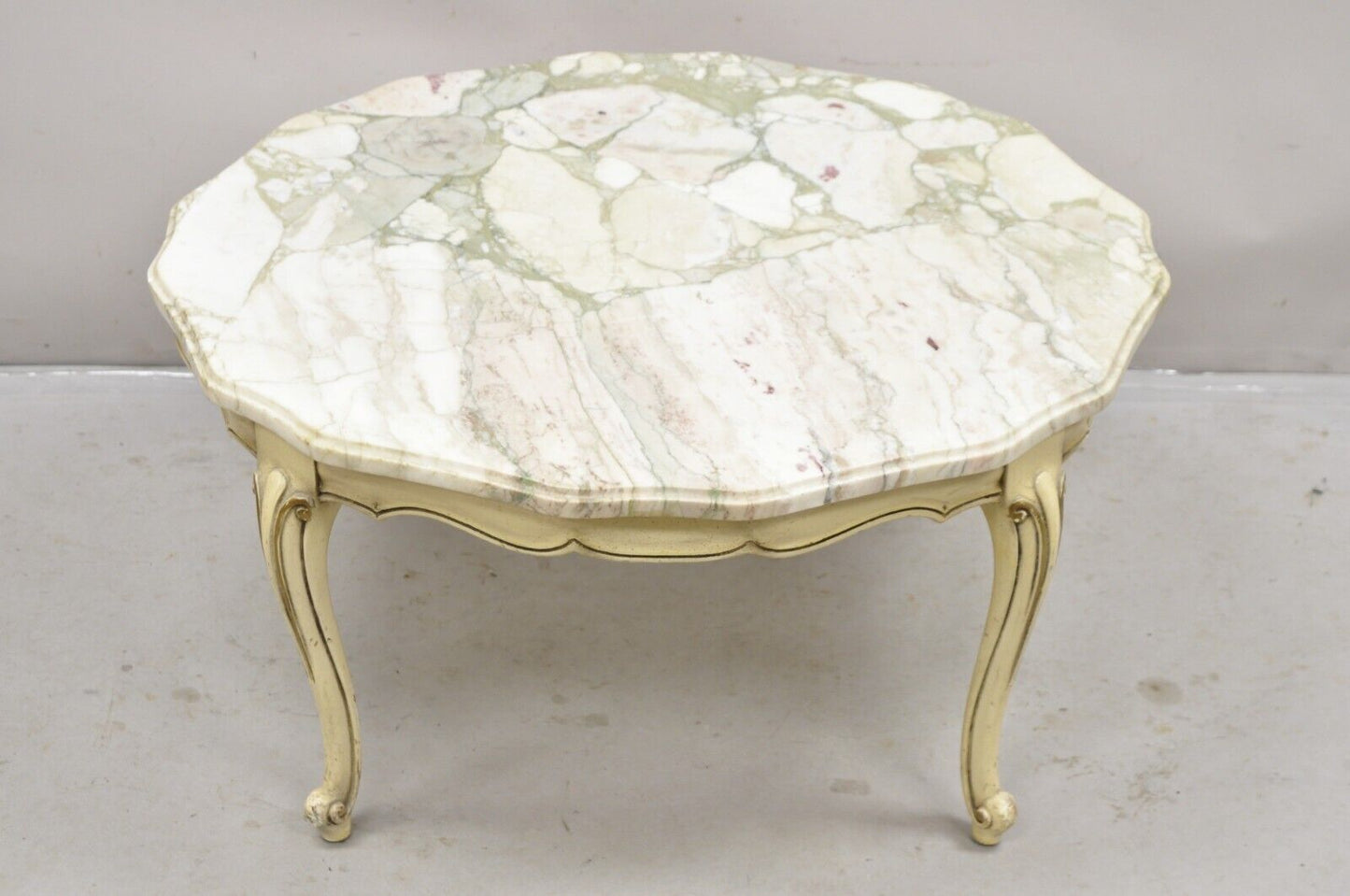 Vintage French Provincial Style Marble Top Cream Painted Round Coffee Table