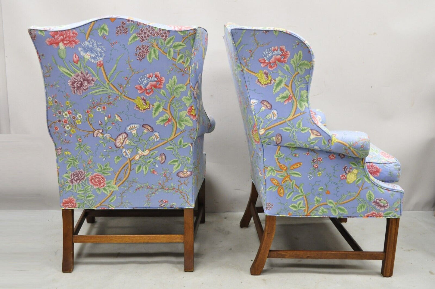 Vintage English Edwardian Style Mahogany Blue Floral Wingback Chairs - a Pair