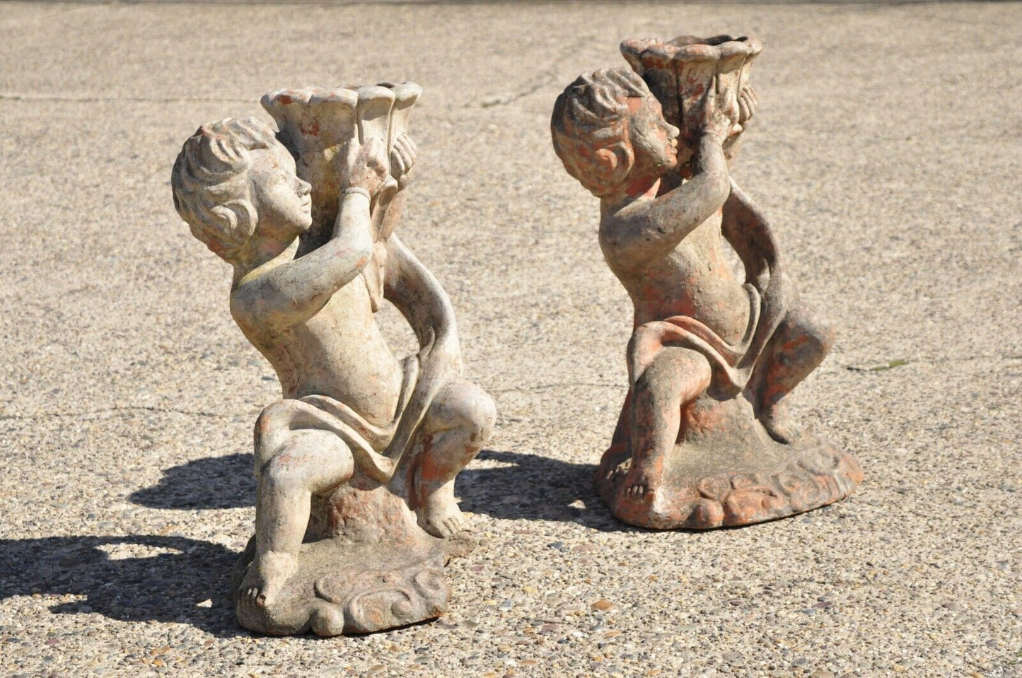 Antique Cast Terracotta Figural 28" Cherub Putti Garden Planter Pots - a Pair