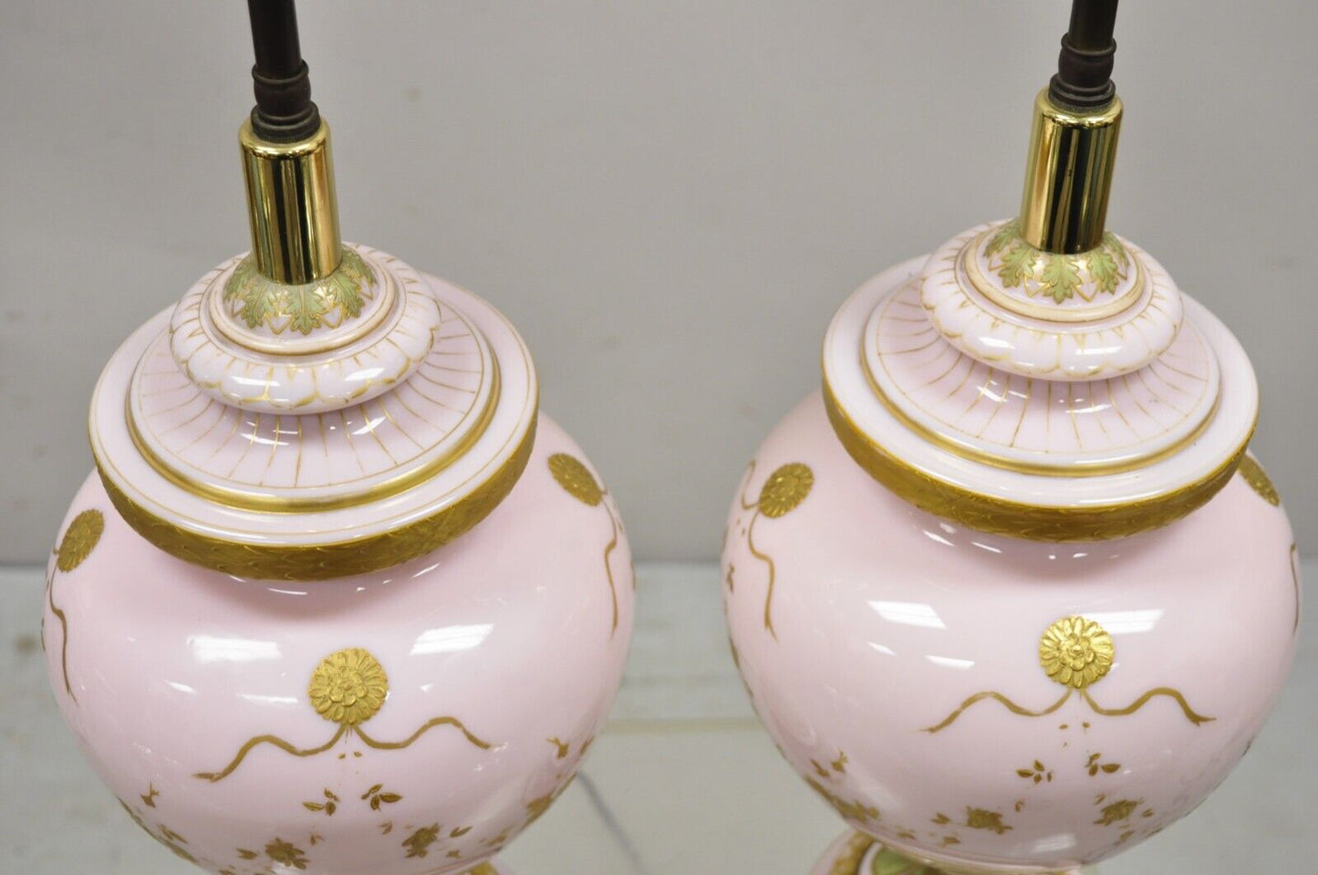Antique French Pink Porcelain Hand Painted Bulbous Table Lamps - a Pair