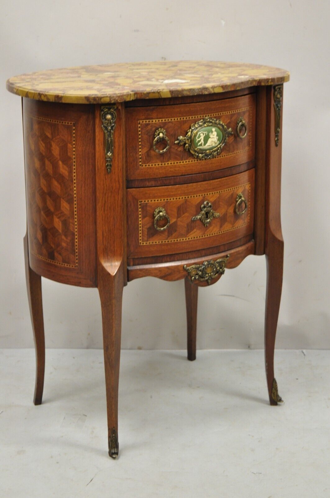 French Louis XV Style Rouge Marble Top Bombe Commode Nightstand Side Table