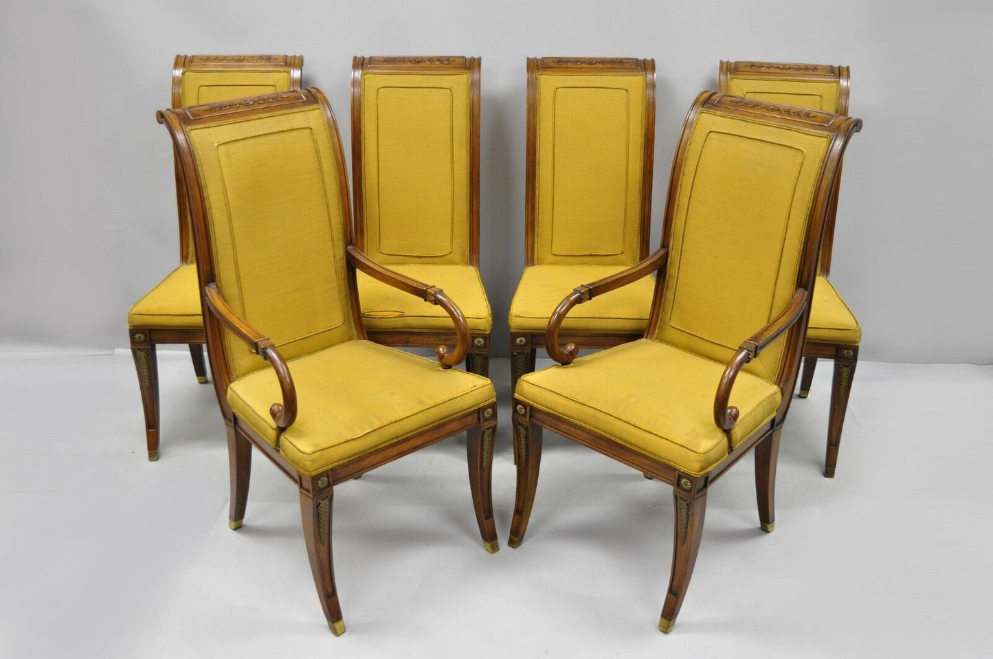 Six Karges French Neoclassical Regency Style Klismos Leg Walnut Dining Chairs