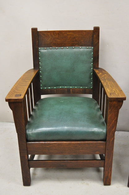 Mission Oak Arts & Crafts Stickley JM Young Style Lounge Arm Chairs Green - Pair