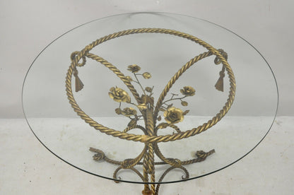 Italian Hollywood Regency Gold Gilt Iron Rope & Tassel Glass Top Center Table