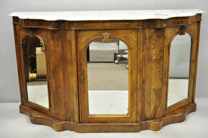 Antique Victorian Burr Wood Walnut Serpentine Marble Top Sideboard Credenza