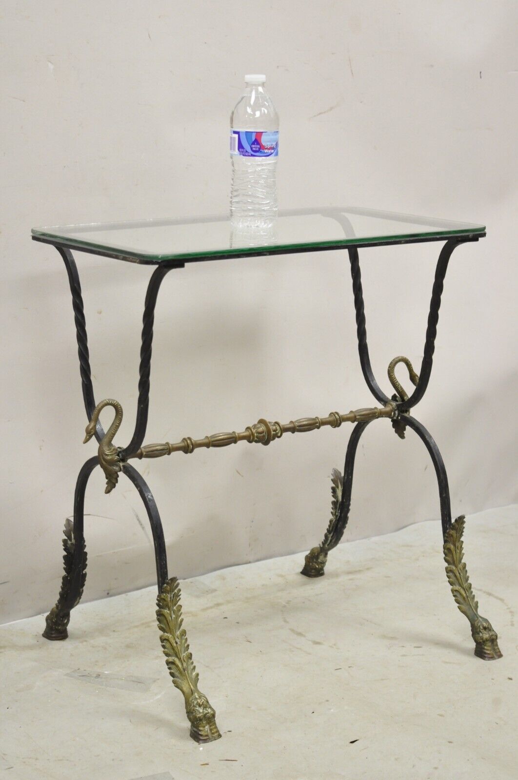 Antique Italian Regency Neoclassical Wrought Iron & Bronze Swan Small Side Table