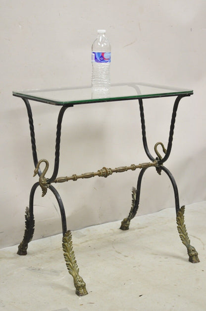Antique Italian Regency Neoclassical Wrought Iron & Bronze Swan Small Side Table