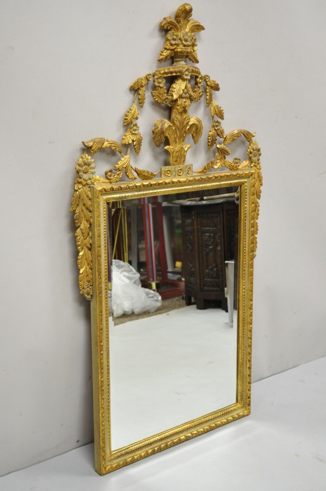 Vintage Italian Gold Giltwood Carved Wood Leafy Scrollwork Console Wall Mirror