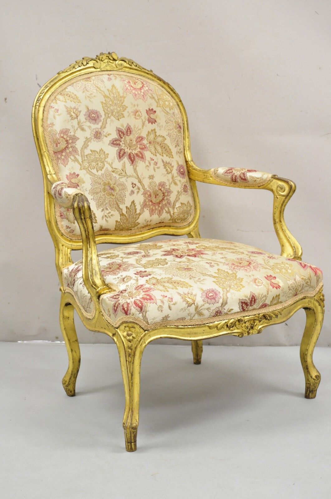 Antique French Louis XV Style Gold Giltwood Floral Carved Upholstered Arm Chair
