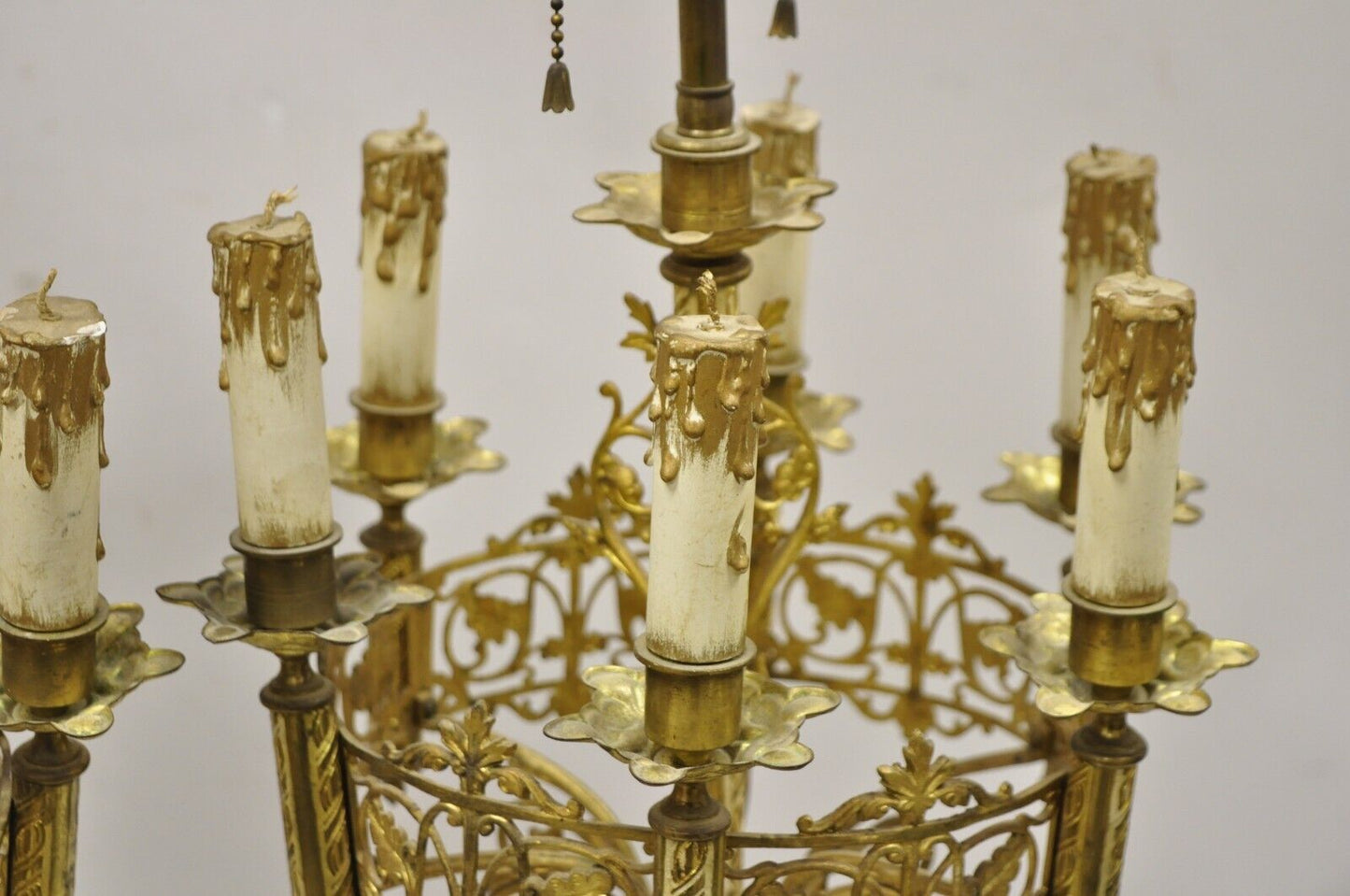 Antique Gothic Revival Gold Bronze Figural Candelabra Table Lamps - a Pair