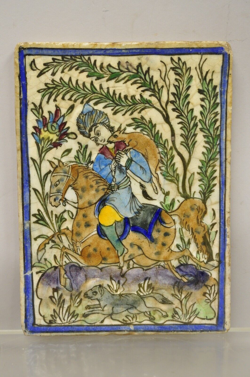 Antique Persian Iznik Qajar Style Ceramic Pottery Tile Horse Rider Hunt Scene C1