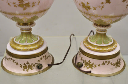 Antique French Pink Porcelain Hand Painted Bulbous Table Lamps - a Pair