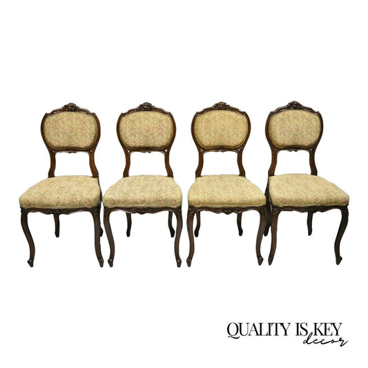 Antique French Victorian Mahogany Upholstered Parlor Side Chairs - Set of 4